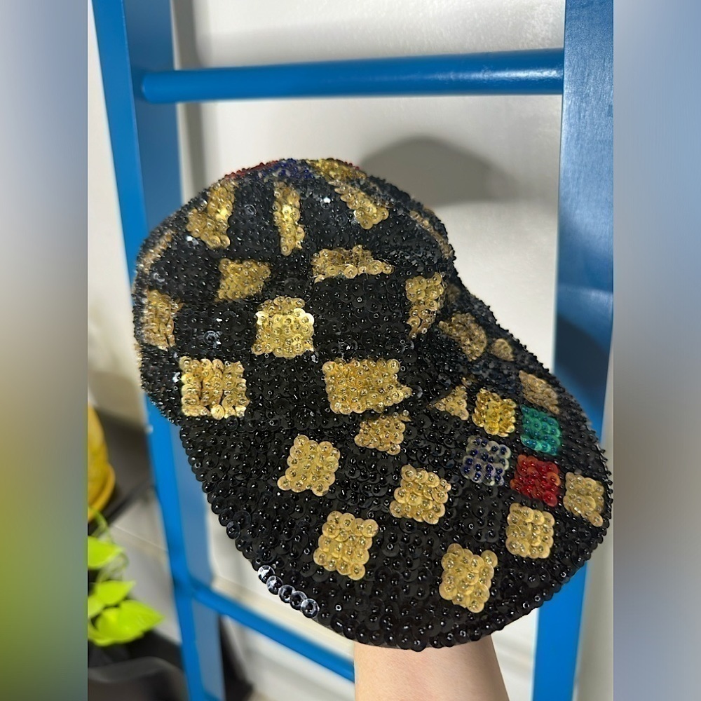 Vintage 1980s Hurry Up! Full Sequin Baseball Cap Hat in Black Red Green Gold - Picture 2 of 7